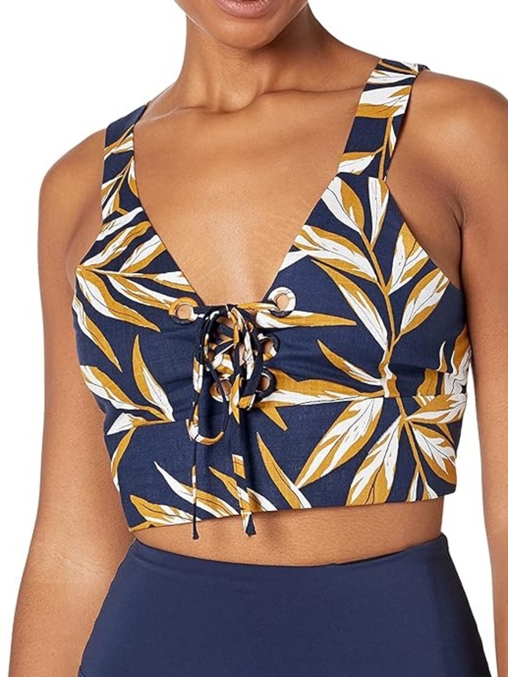 J.O.A. Navy Blue Floral Lace-Up Crop Top